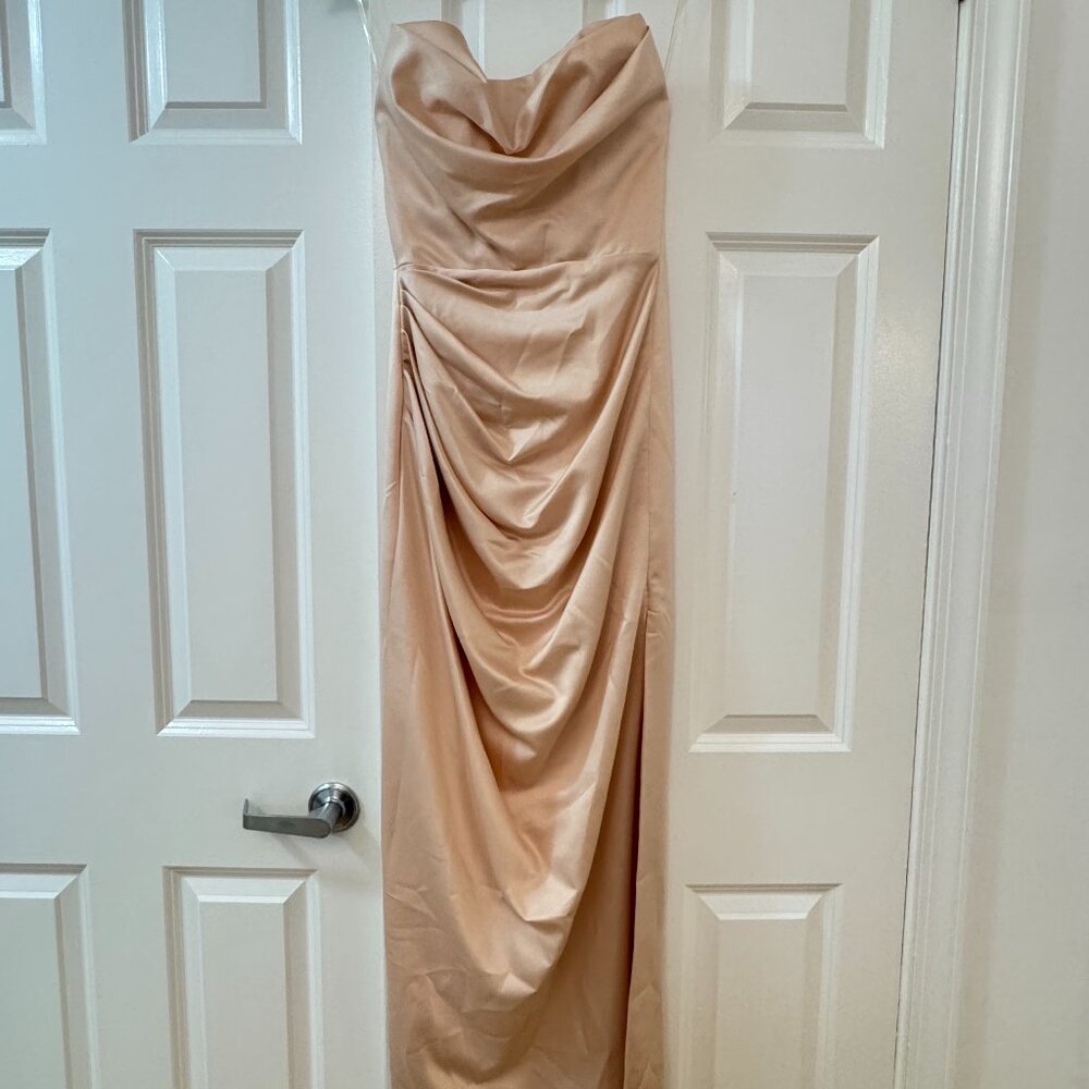House of CB Adrienne Champagne Satin Strapless Gown (Altered)